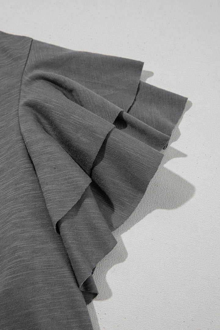 - Dark Grey Ruffle Sleeve Tee Casual Summer Top