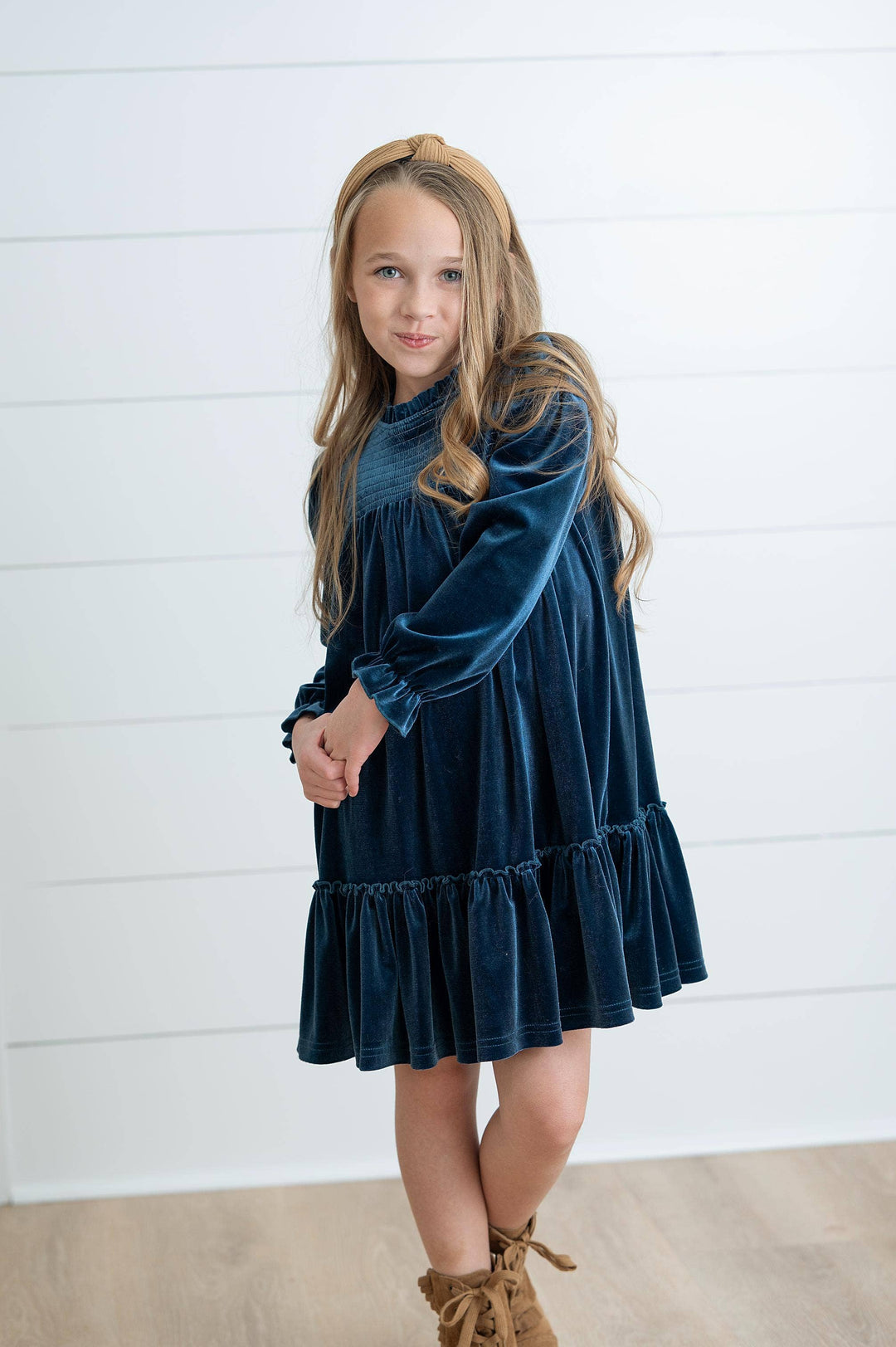 Girls Alexa Teal Smocked Velvet Fancy Holiday Party Dress