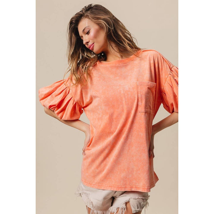 BiBi - MINERAL WASHED PUFF SLEEVE JERSEY TOP