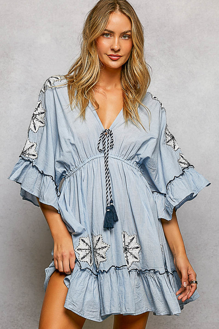 POL V-NECK 3/4 SLEEVE DRESS