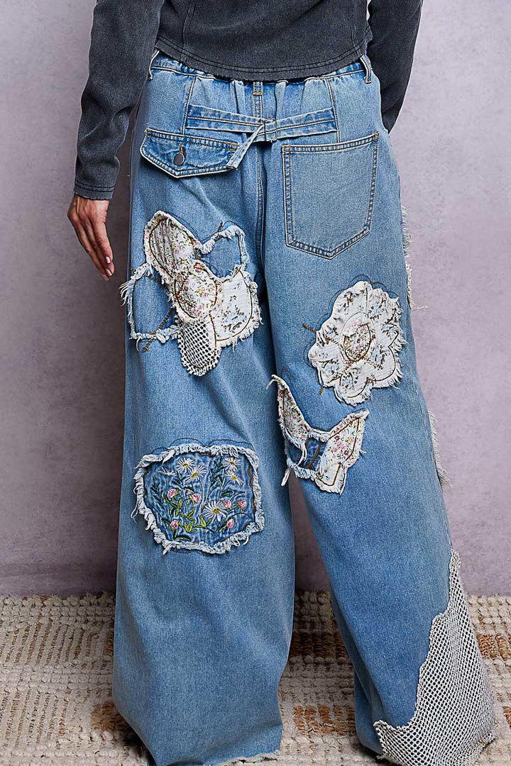 POL WIDE-LEG PATCHWORK WOVEN PANTS