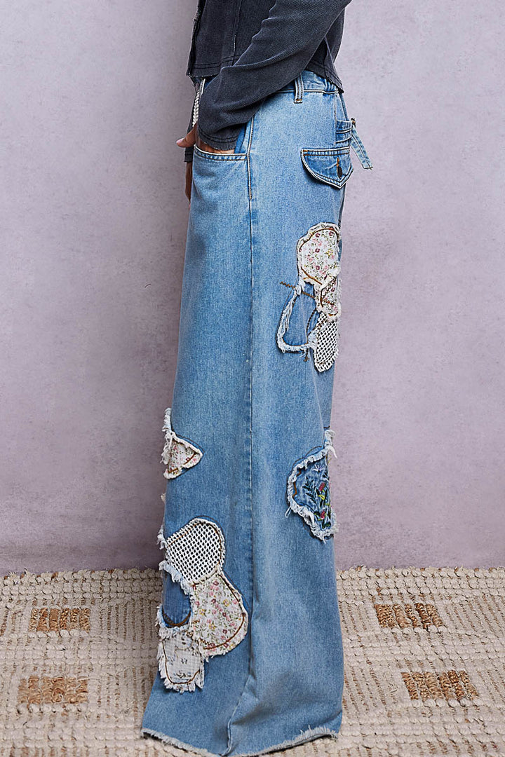 POL WIDE-LEG PATCHWORK WOVEN PANTS
