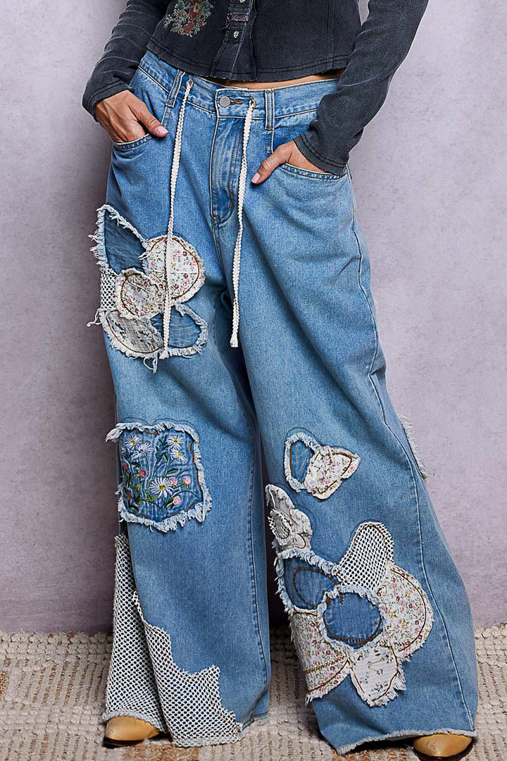 POL WIDE-LEG PATCHWORK WOVEN PANTS