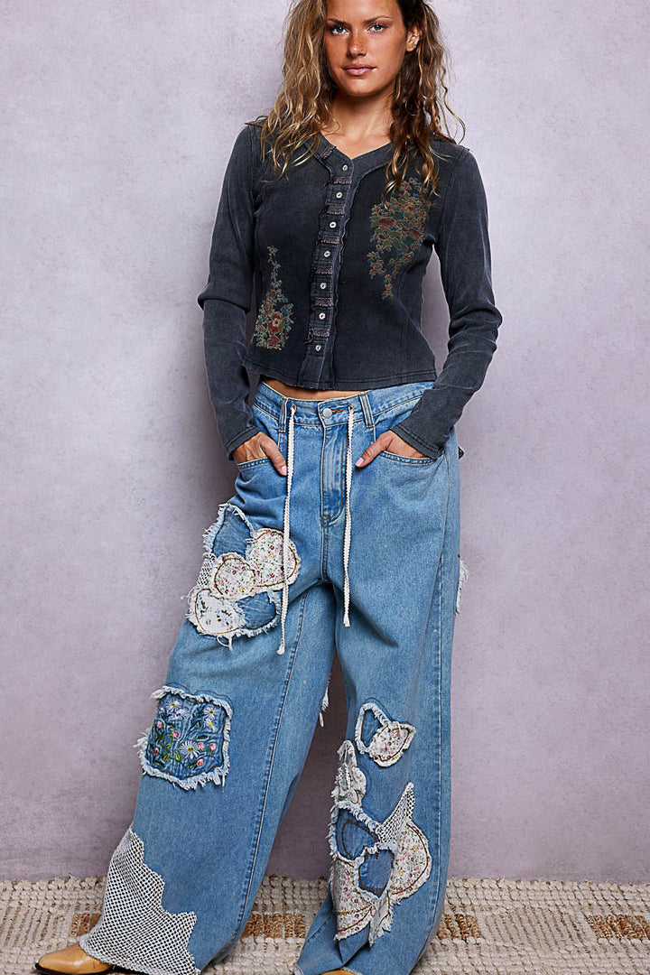 POL WIDE-LEG PATCHWORK WOVEN PANTS