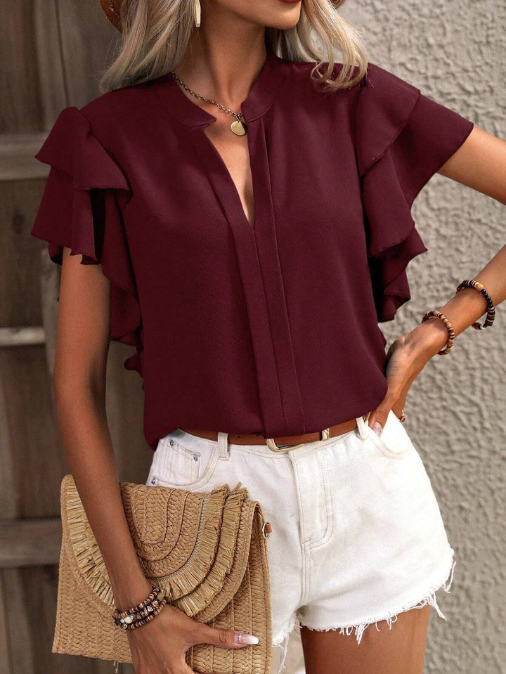 V-Neck Double-Layer Lotus Leaf Sleeve Solid Color Casual Top