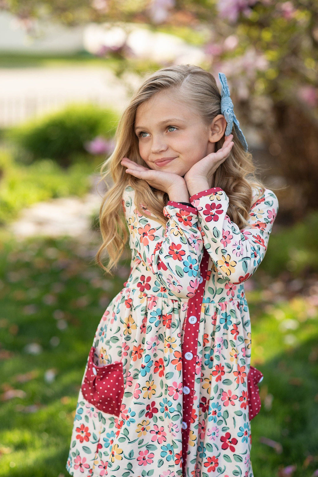 Kids Cream &amp; Burgundy Floral Ruffle Button Pocket Fall Dress