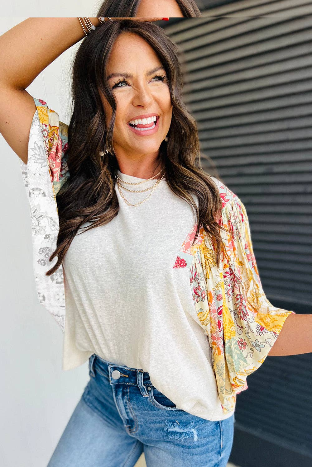 Beige Floral Patchwork Batwing Sleeve Round Neck Blouse