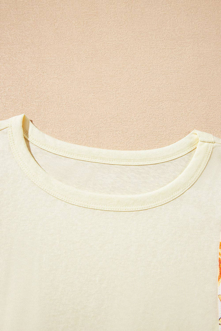 Beige Floral Patchwork Batwing Sleeve Round Neck Blouse