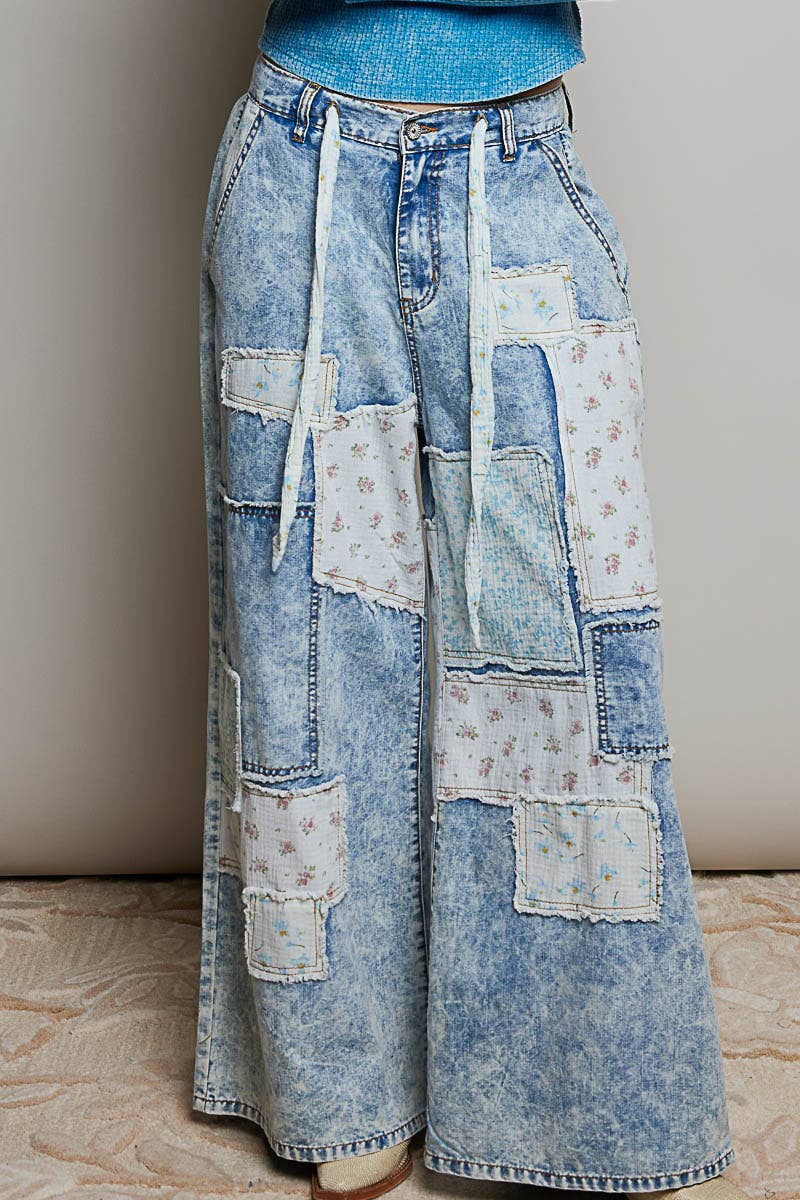 Pol Clothing - Patchwork Detail Denim Straight Fit Pants