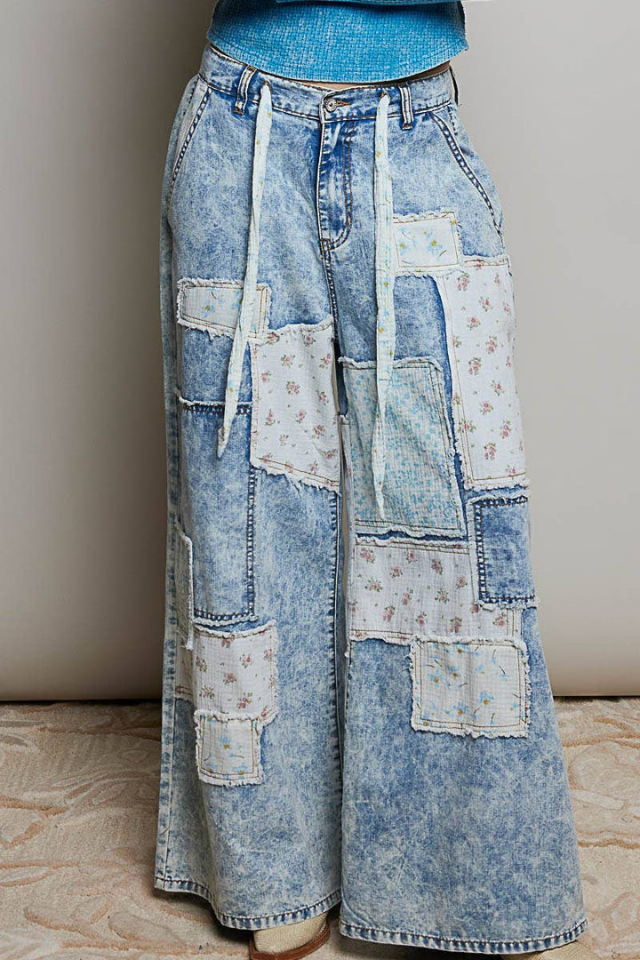 Pol Clothing - Patchwork Detail Denim Straight Fit Pants