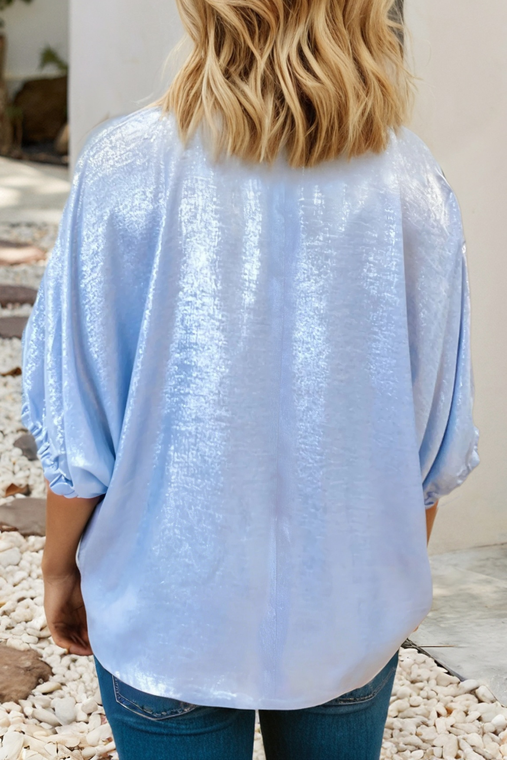 Little Daisy Closet - LDC Collared V Neck Half Sleeve Metallic Top
