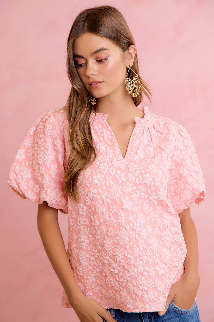 BiBi - FLORAL PATTERN TEXTURE SLEEVES RUFFLED V-NECK TOP