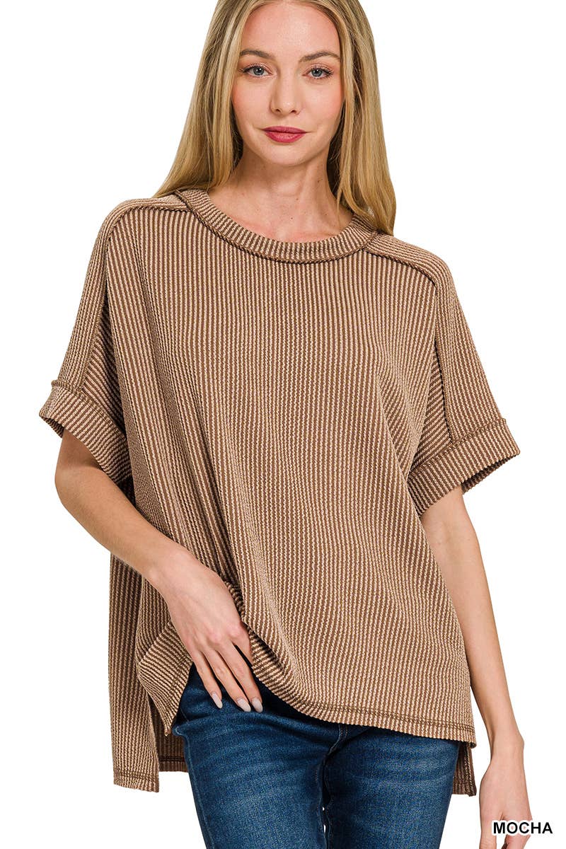 Textured Line Short Cuff Sleeve Raw Edge Top