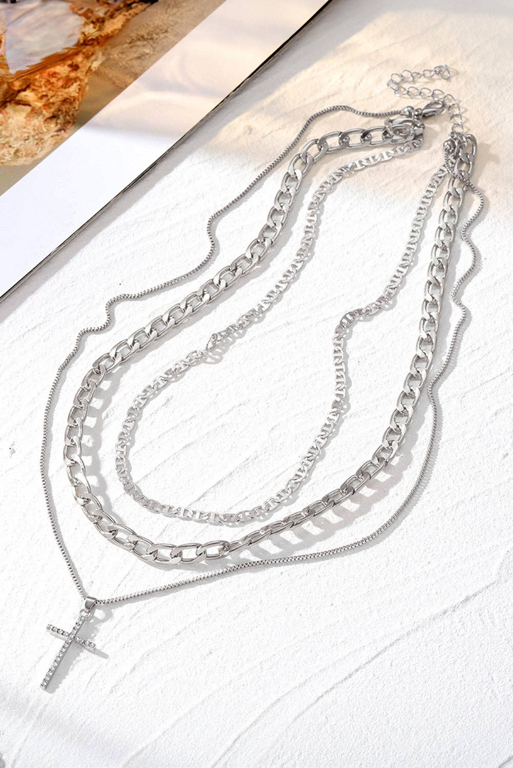 Gold Layered Chain Cross Pendant Necklace Set