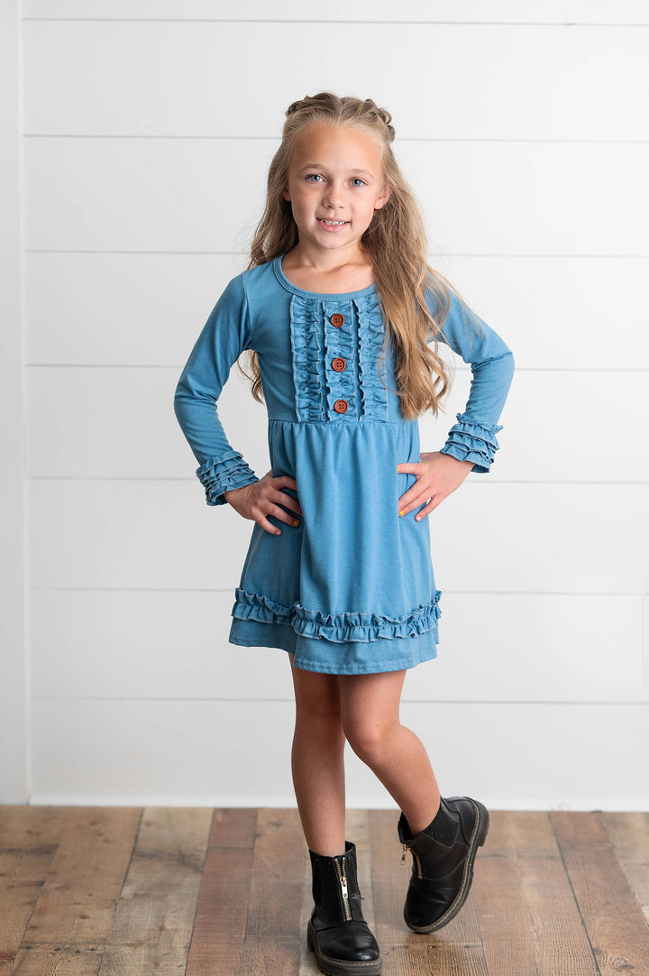 Adorable Sweetness - Girls Long Sleeve Solid Blue Ruffle Button Fall Winter Dress