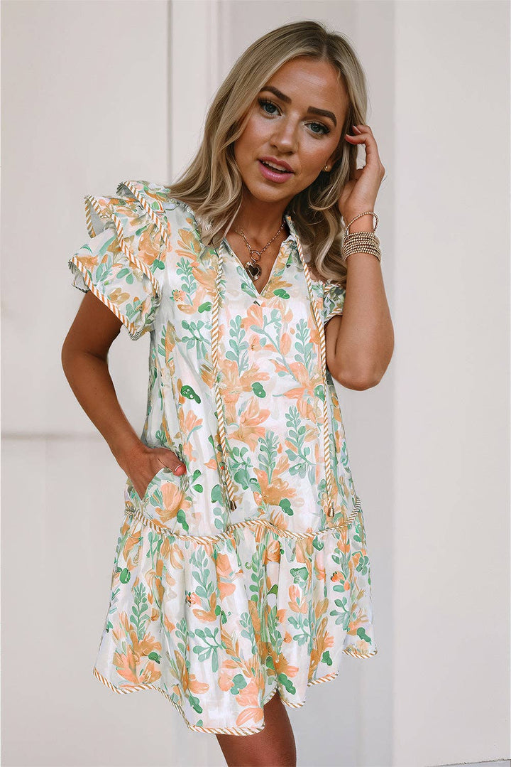Lovesoft - Pink Floral Contrast Edge Layered Short Sleeve Mini Dress