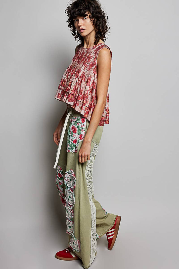 Pol Clothing - Drawstring Floral Patch Denim Pants