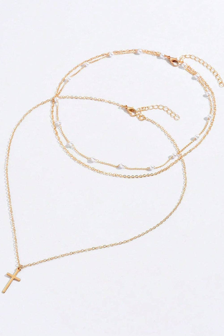 Gold Plated Cross Pendant Pearl Decor Triple Layer Chain Necklace