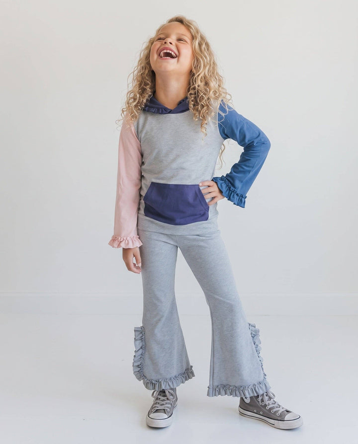 Kids Lucy Rosy Gray Hooded Ruffle Pocket Lounge Set