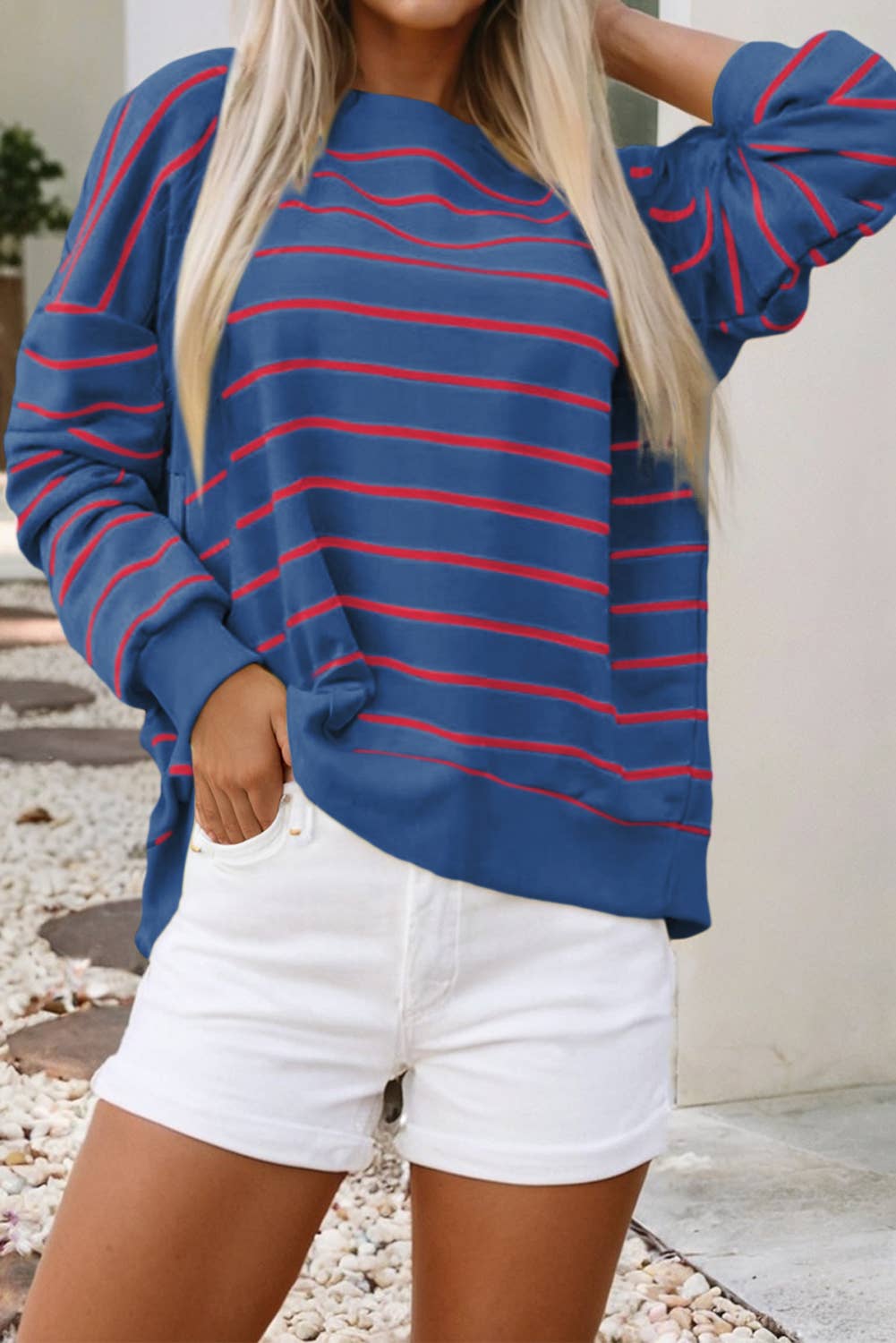 Little Daisy Closet -  LDC Stripe Stylish Overlap Detail Drop Shoulder Sweatshirt