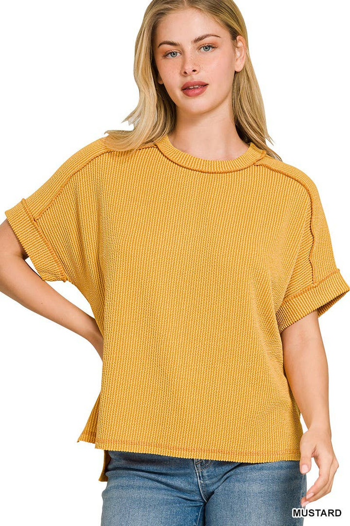 Textured Line Short Cuff Sleeve Raw Edge Top