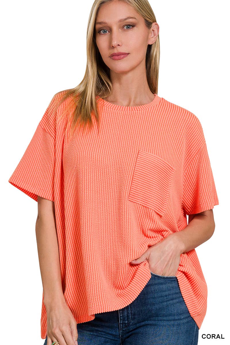 42POPS - Corded Rib Short Sleeve Front Pocket Top