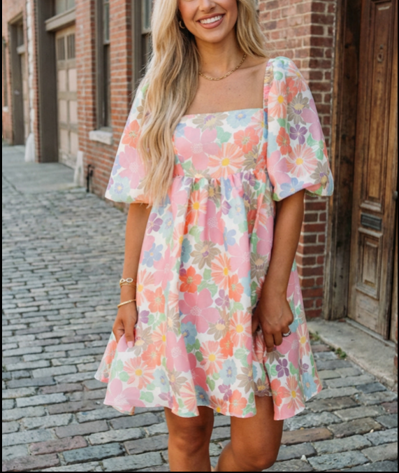 Floral Square Neck Puff Sleeve Babydoll Dress