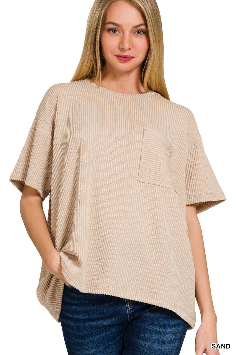 42POPS - Corded Rib Short Sleeve Front Pocket Top
