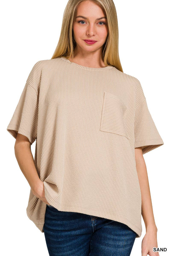 42POPS - Corded Rib Short Sleeve Front Pocket Top