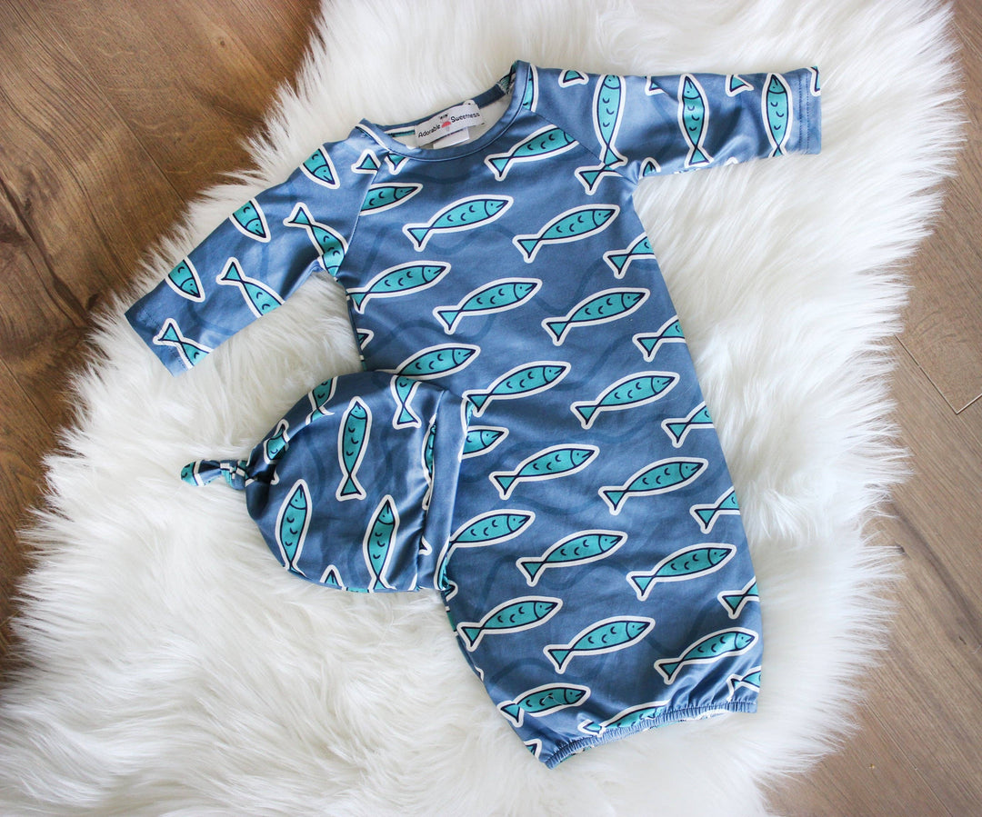 Infant Unisex Blue Fish Baby Gown and Hat Set