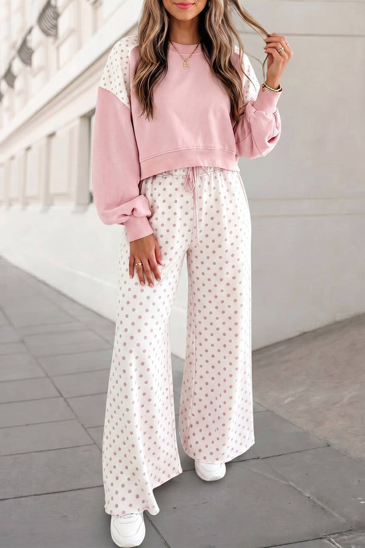 Aapparella - Polka Dot Colorblock Long Sleeve 2pcs Pants Set FW26 | S-XL