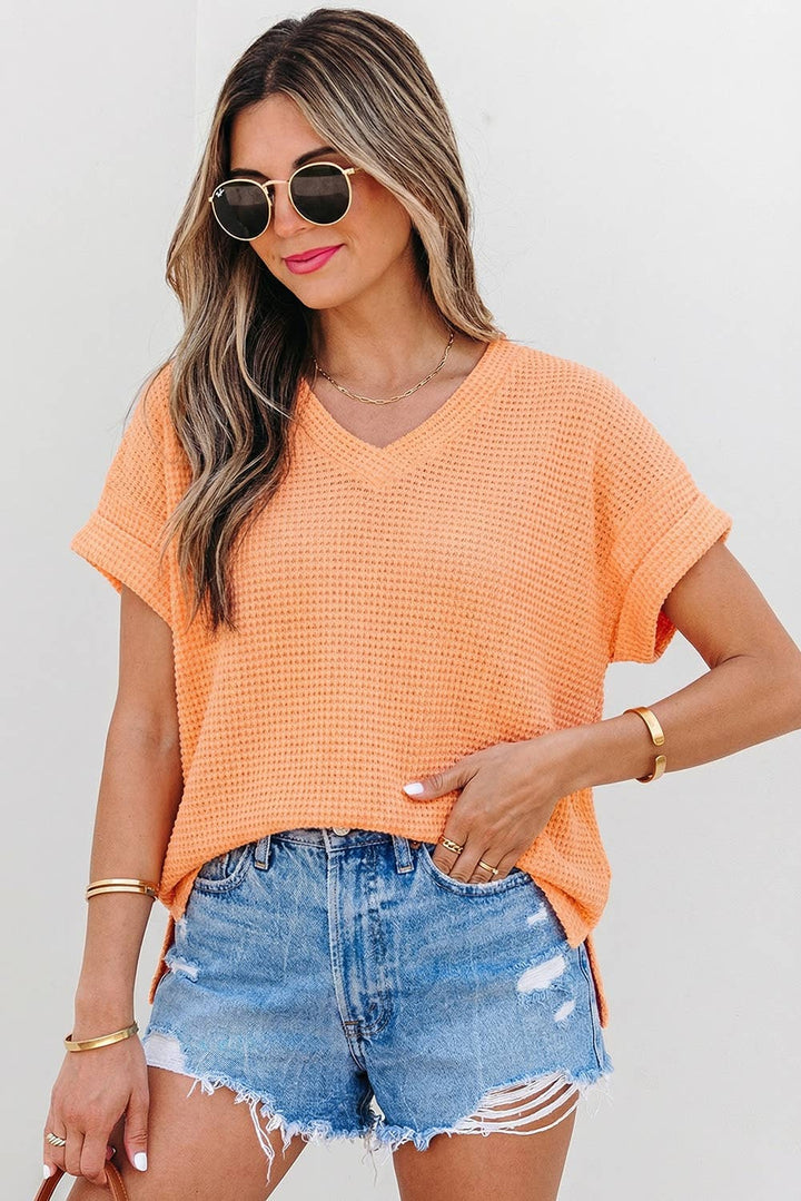 Aapparella - Waffle Texture V Neck Short Sleeve Knit Top | S-XL