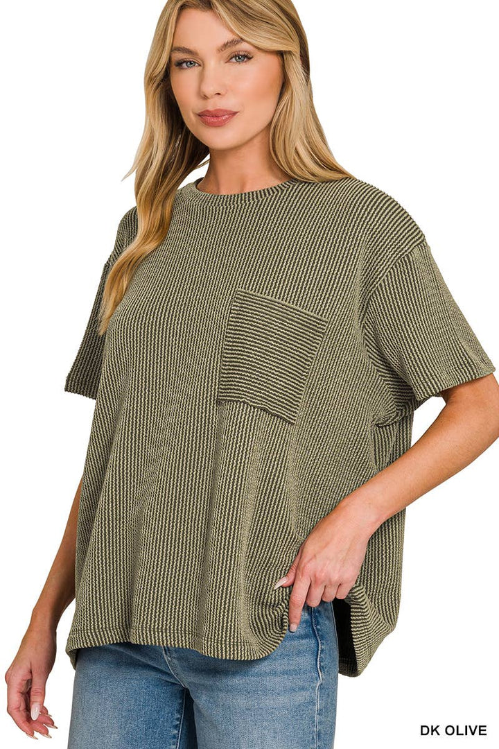42POPS - Corded Rib Short Sleeve Front Pocket Top