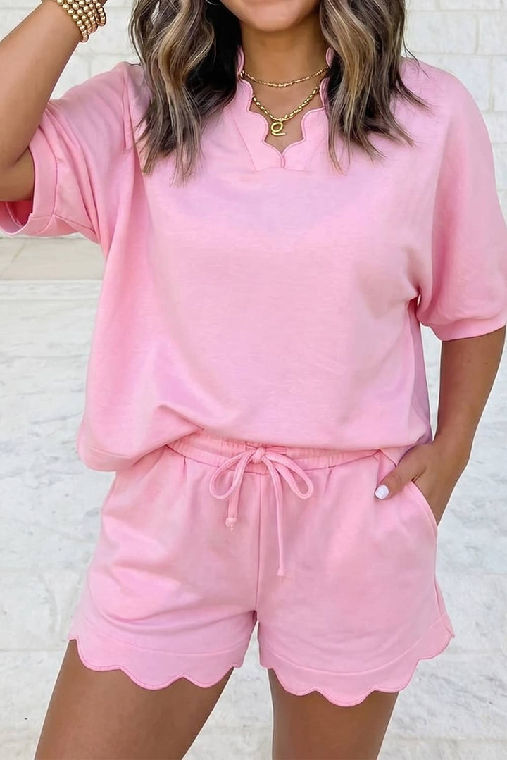 Scalloped V Neck Dolman Oversize Top Drawstring Short Set