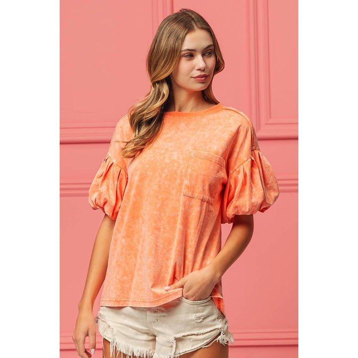 BiBi - MINERAL WASHED PUFF SLEEVE JERSEY TOP