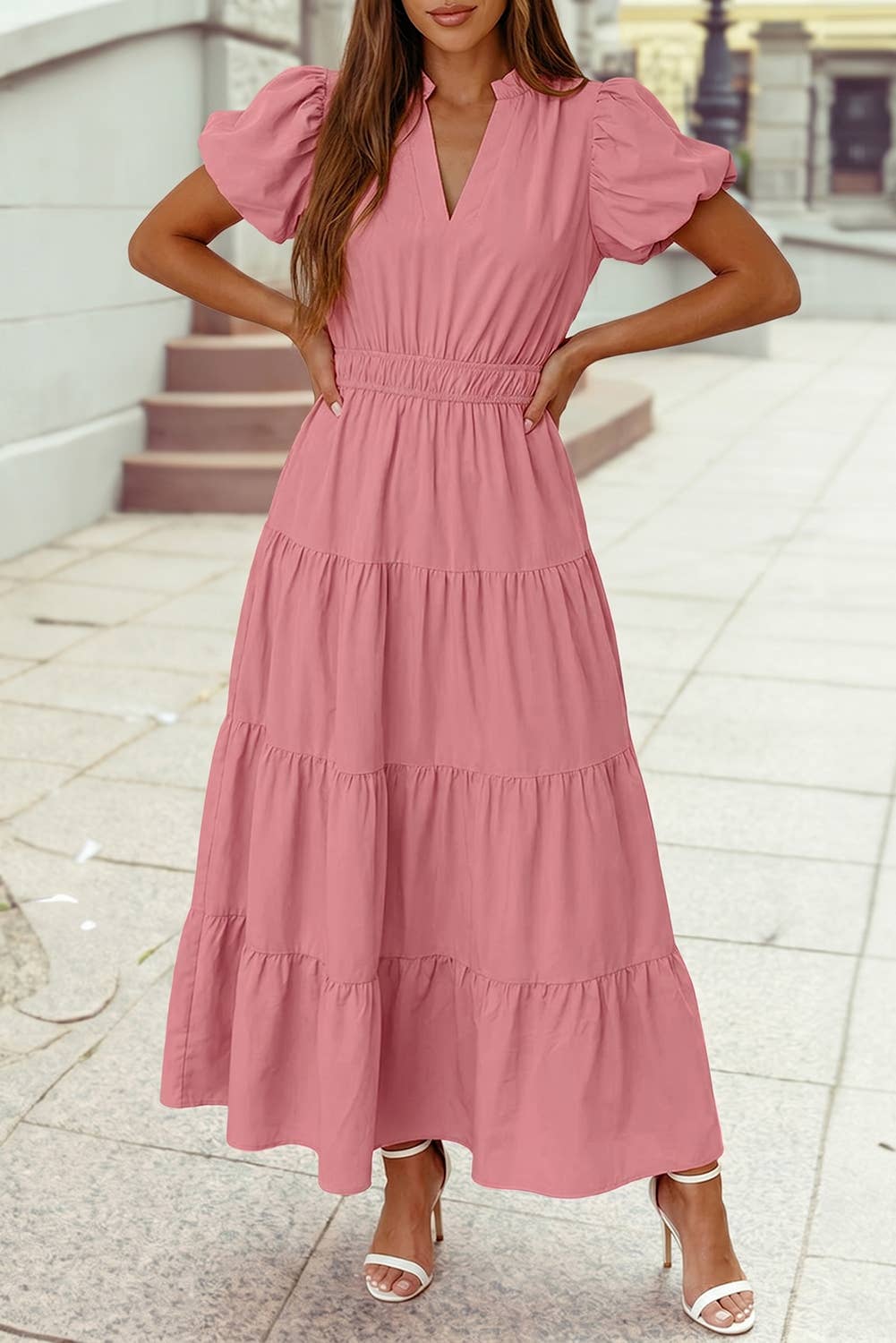 Color V Neck Short Puff Sleeve High Waist Tiered Maxi Dress
