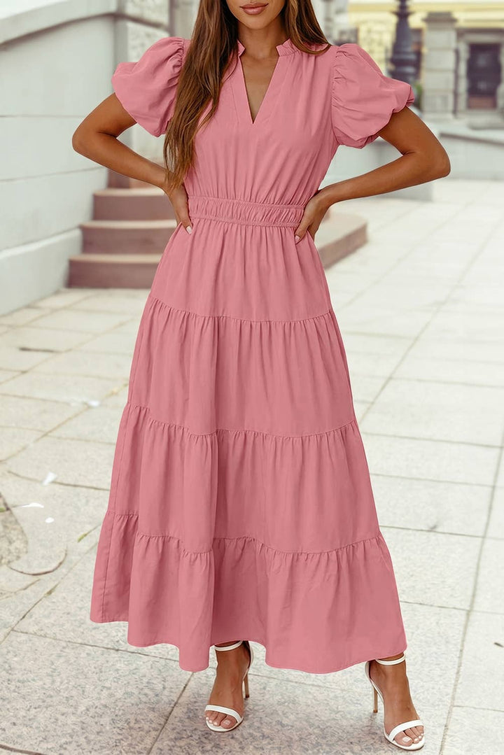 Color V Neck Short Puff Sleeve High Waist Tiered Maxi Dress