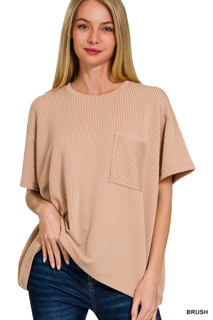 42POPS - Corded Rib Short Sleeve Front Pocket Top