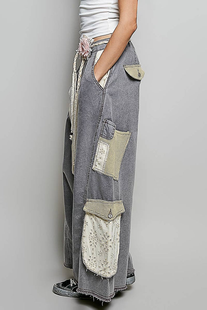 Pol Clothing - Solid Floral Metal Button Vintage Washing Laser Cut Pants
