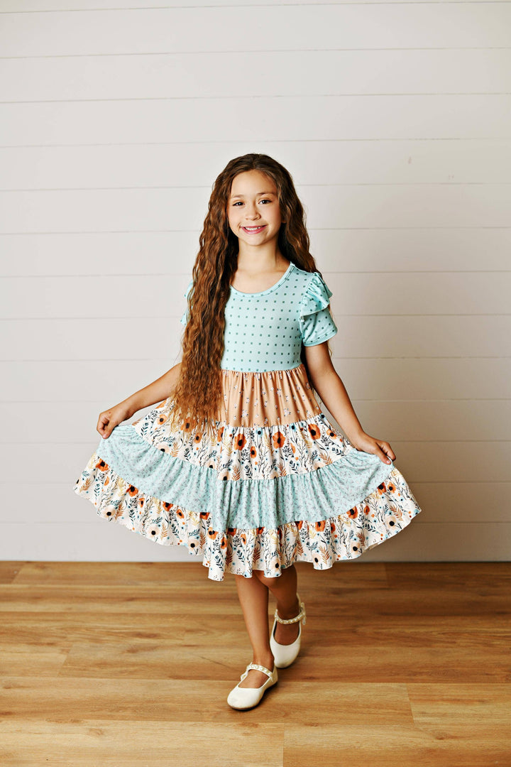 Girls Fall Ava Teal Beige Floral Dot Tiered Twirl Dress