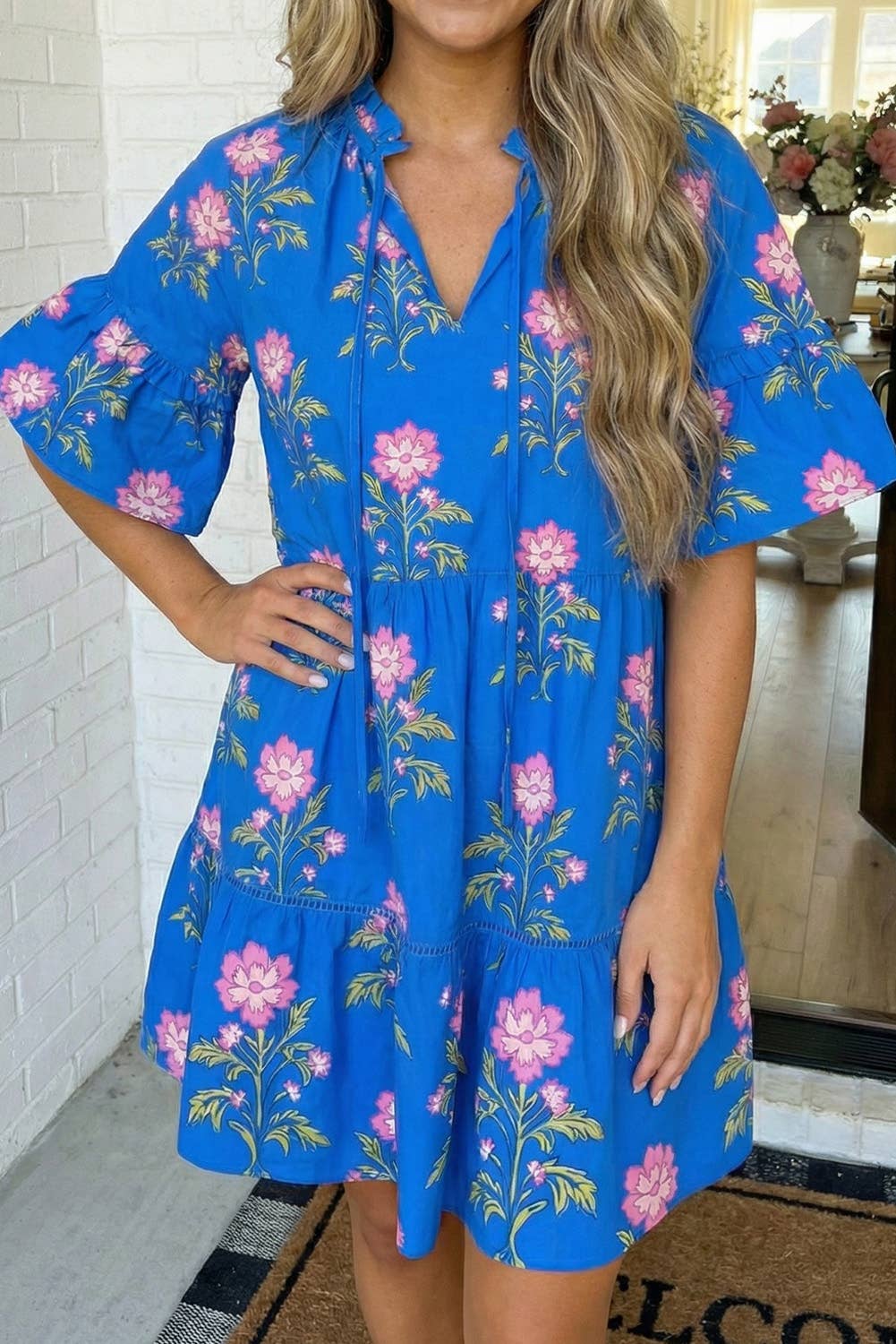 LA Society - LAS V Neck Short Sleeve Loose Flower Dress (S-XL)
