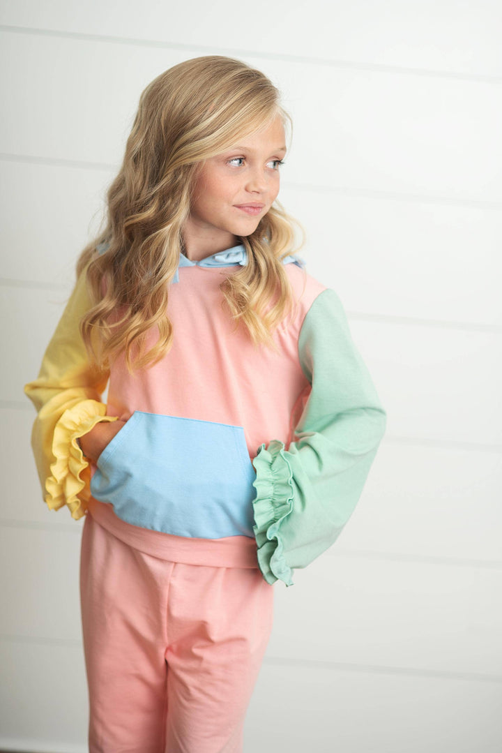Kids Pastel Color Block Hooded Ruffle Pocket Fall Lounge Set