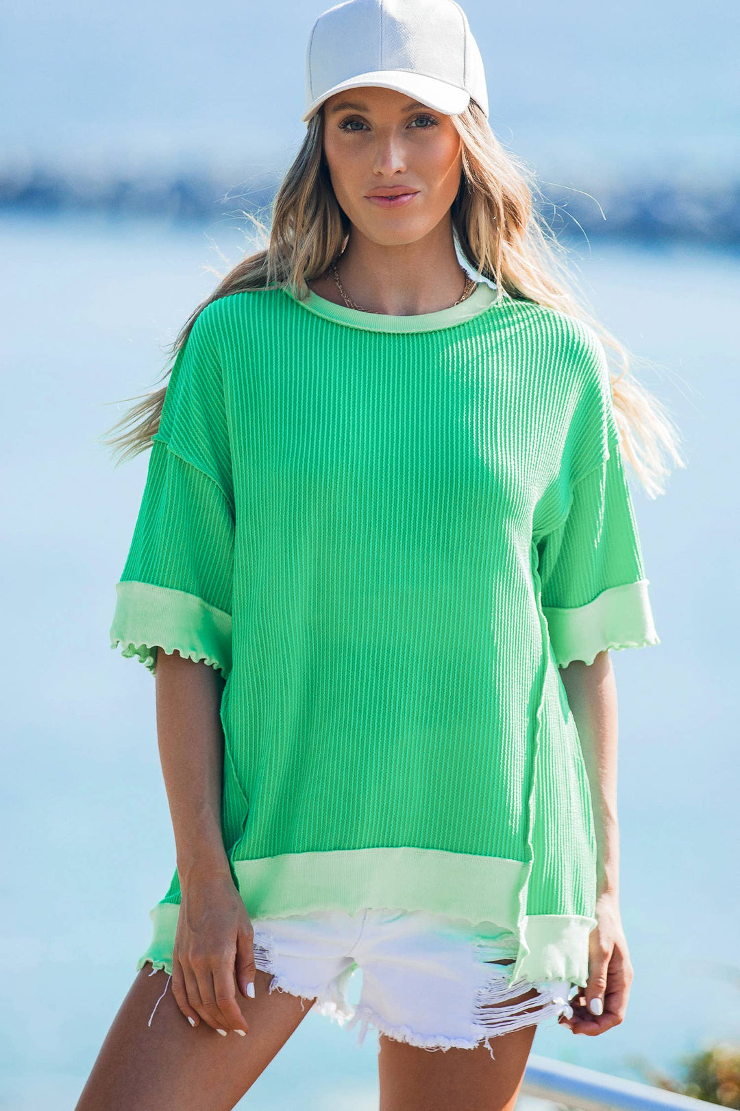 EVELA INC - Patchwork Loose Uneven Hem Twist Ribbed T Shirt