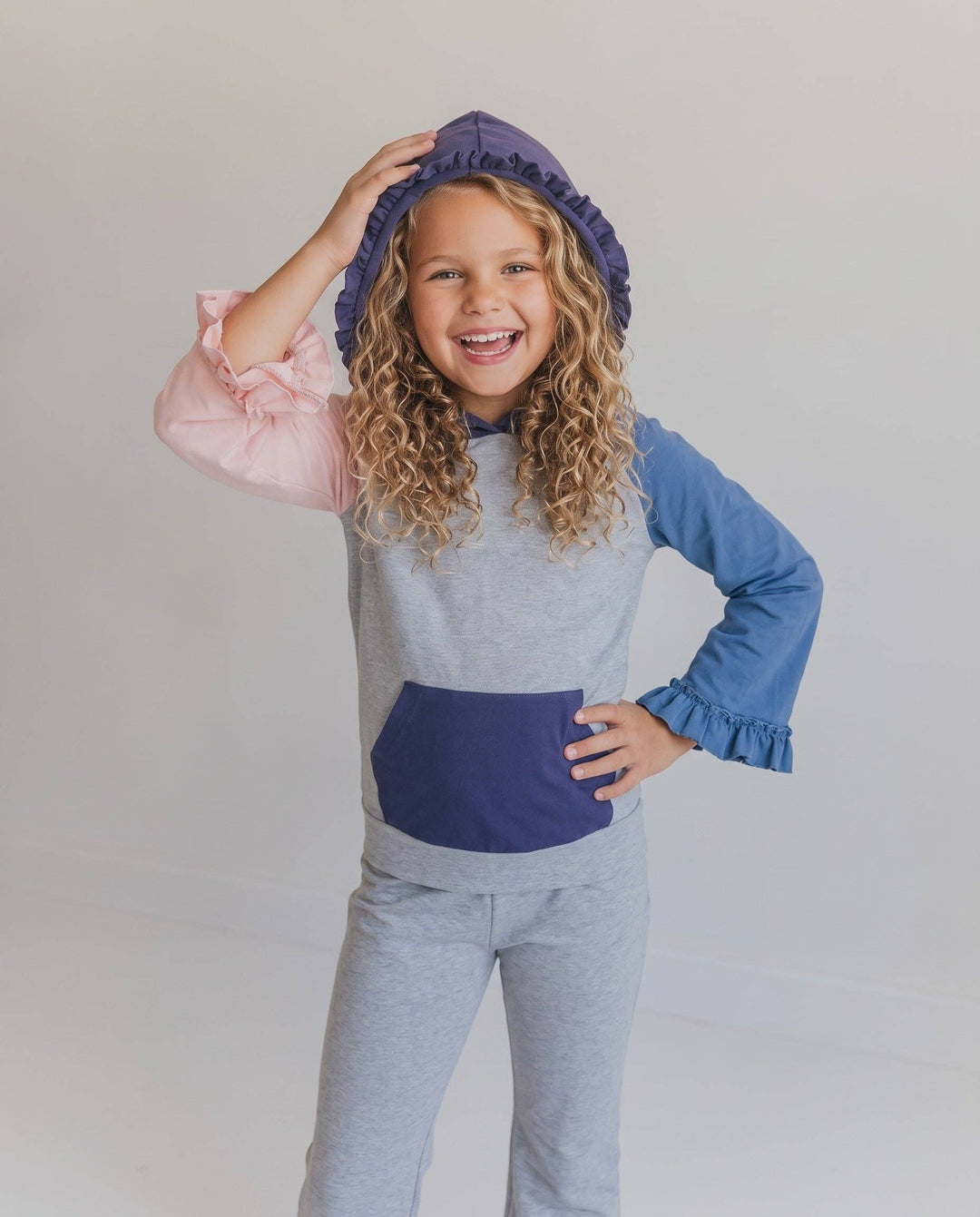 Kids Lucy Rosy Gray Hooded Ruffle Pocket Lounge Set