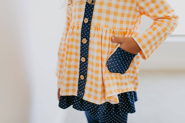 Kids Navy &amp; Mustard Gingham Check Button Pocket Pant Set