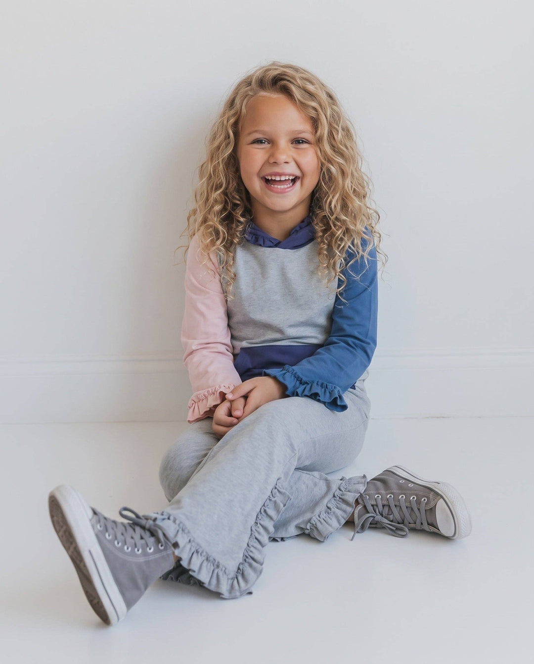 Kids Lucy Rosy Gray Hooded Ruffle Pocket Lounge Set