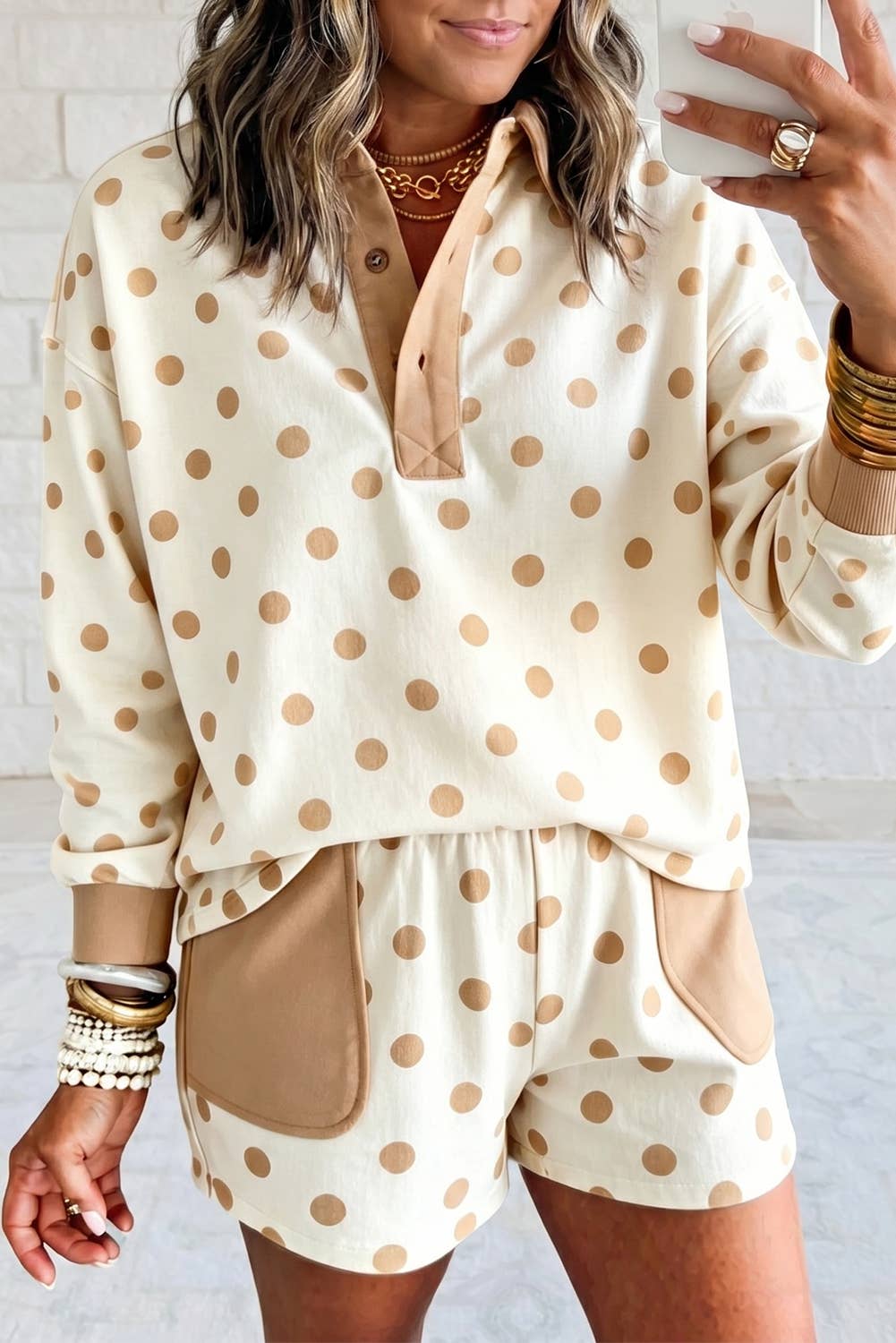 1 the Woman - Polka Dot Contrast Patchwork Long Sleeve Top Short Set