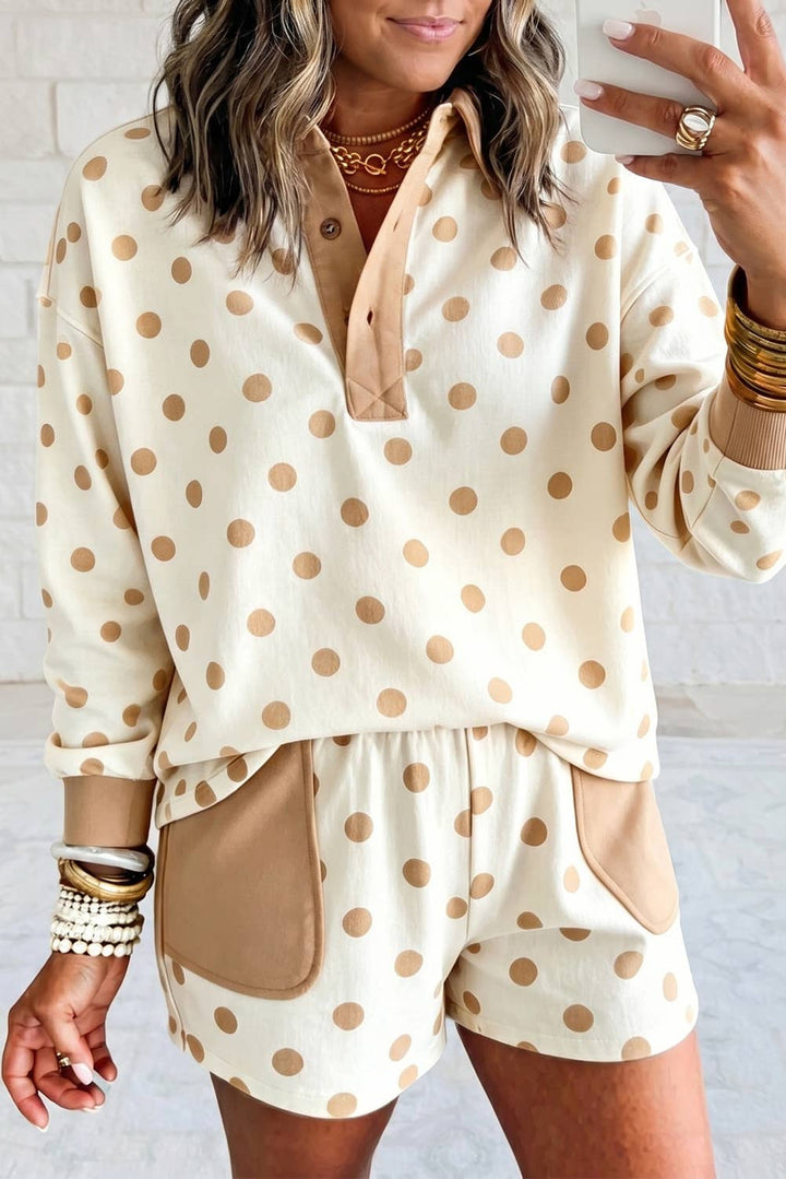 1 the Woman - Polka Dot Contrast Patchwork Long Sleeve Top Short Set