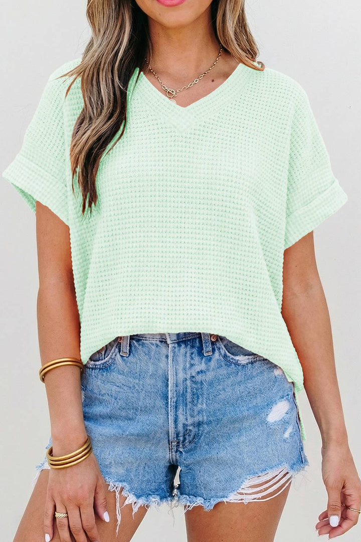 Aapparella - Waffle Texture V Neck Short Sleeve Knit Top | S-XL