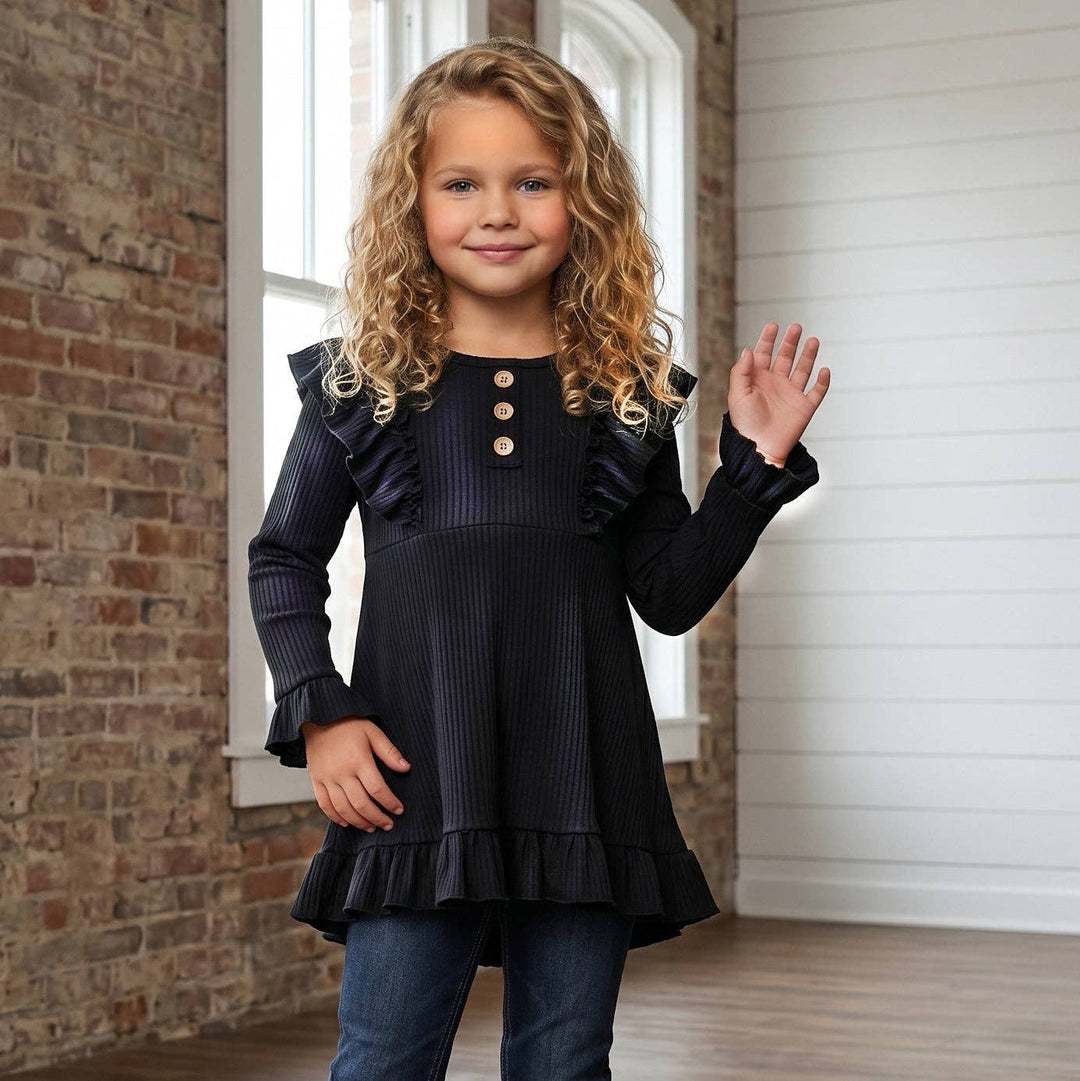 Kids Black Ribbed Long Sleeve Button Ruffle Shirt